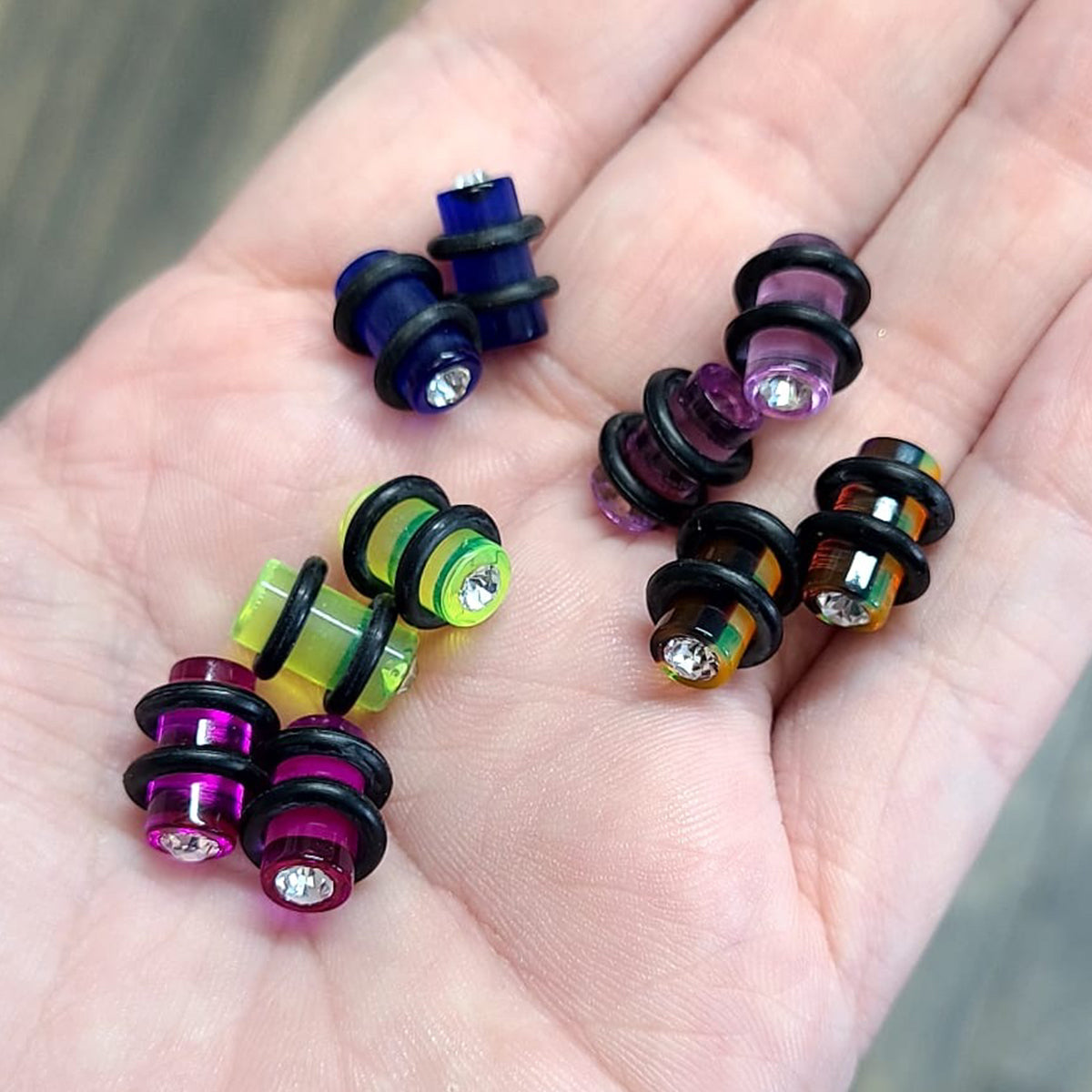 Pair of Acrylic CZ Gem Jeweled Oring Ear Plugs - 5 Colors Available