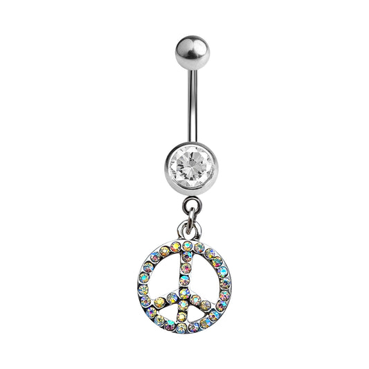 Belly Navel Ring Dangle AB CZ Jewels Peace Sign Surgical Steel 14 Gauge