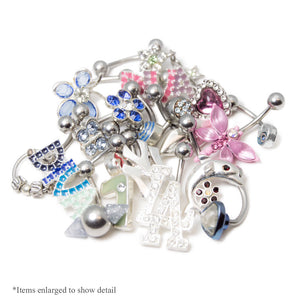 10 Randomly Picked Belly Rings - Hearts, Jewels, Butterflies, 316L Steel