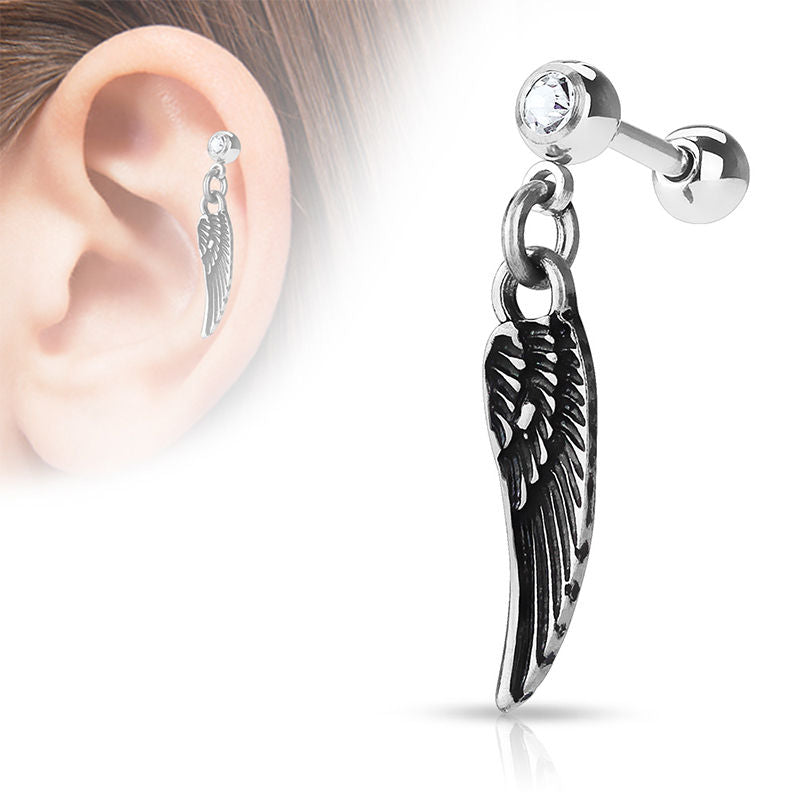 Angel Wing Dangling 16ga Cartilage Barbell with CZ Gem