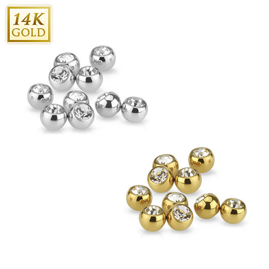 Replacement Ball 14K Solid Yellow or White Gold CZ Gem 14G 4MM Ball For Barbell