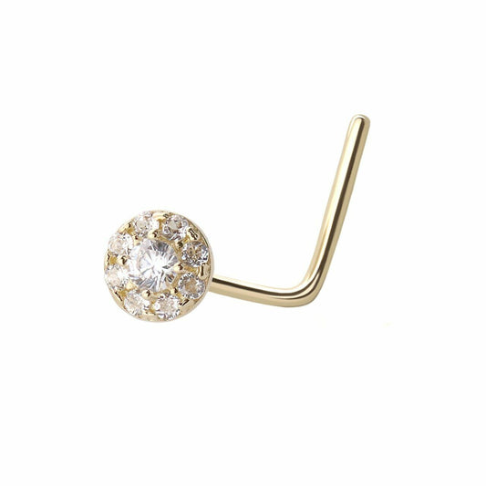 Nose ring 14K solid gold L shape with Flower design prong setting Clear jewels
