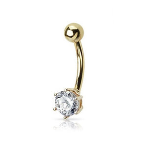 14k Gold Navel Ring - Round 6mm Prong Set CZ W/ 14 Karat Solid Yellow Gold Shaft