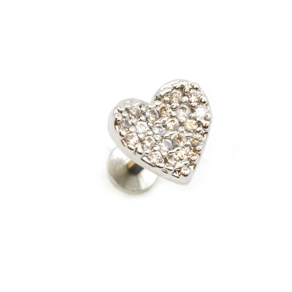 Flat Back Studs with CZ Paved Heart Top Internally Threaded Surgical Steel 16g