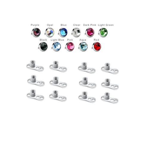 12 Dermal Anchor Tops 4mm Flat Cubic Zirconia and 12 Dermal Bases - 24 Pieces