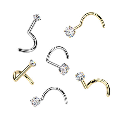 Corkscrew Nose Rings Moissanite Gems Ends Titanium