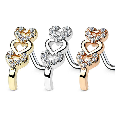 Triple Heart Crawlers L Shaped Nose Studs 6mm