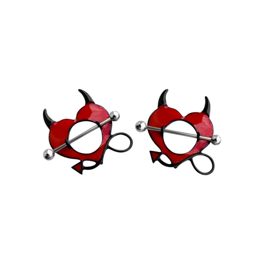 Pair of Nipple Shields Barbells Ring Red Enamel Heart with Devil Horns and Tail Design Surgical Steel 14 Gauge