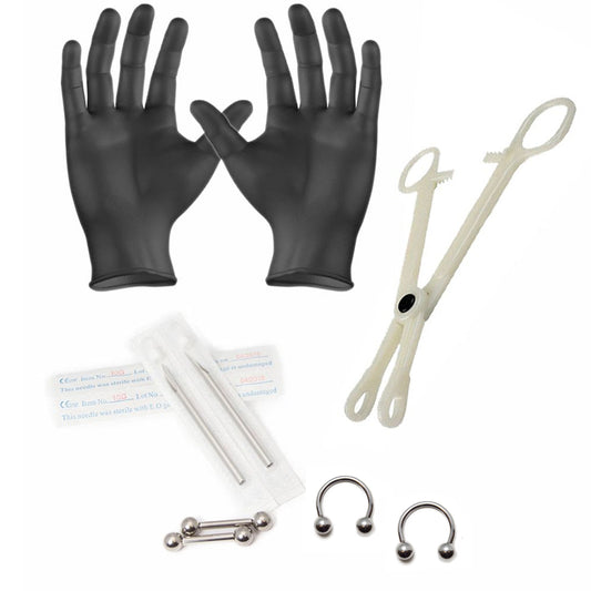 10 Pcs. 10 Gauge Piercing Kit incl. Captives, Barbell, Needles, Forceps, Gloves