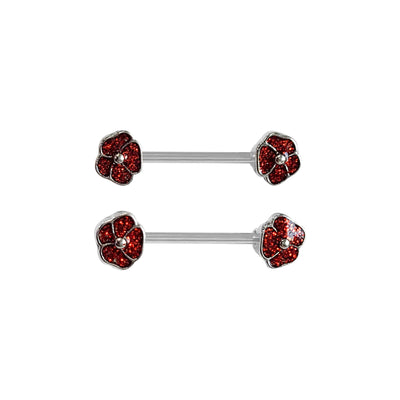 Pair of Nipple Barbells Rings Red Glitter Flower Design Surgical Steel 14 Gauge