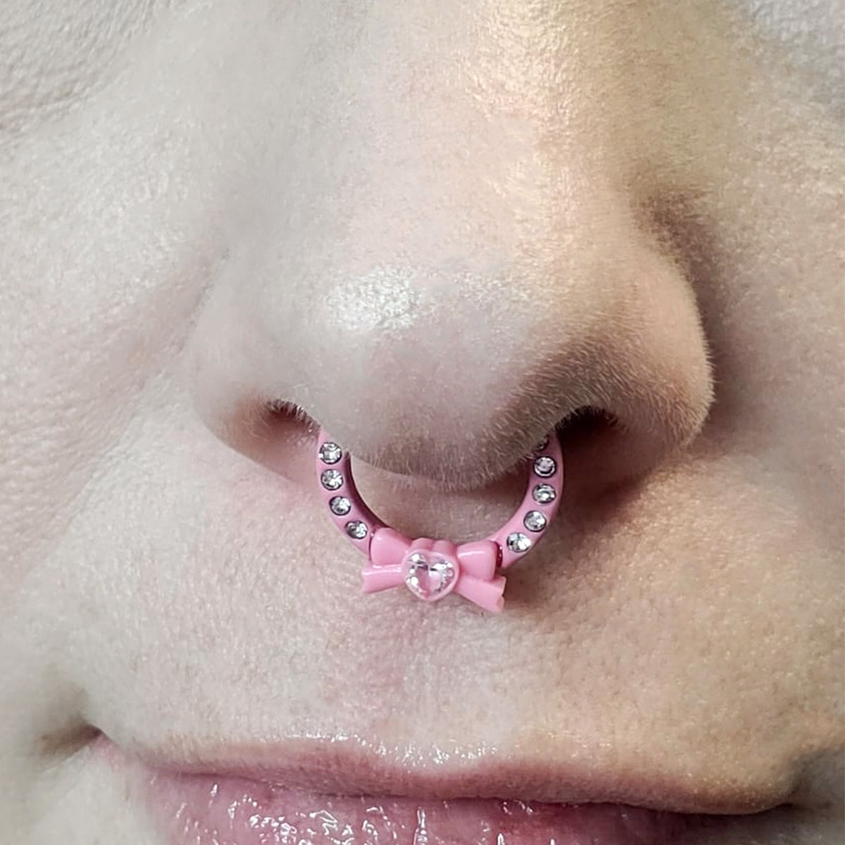 Septum Hinged Clicker Ion Plated Pink Bow with CZ Jewels Surgical Steel 16 Gauge