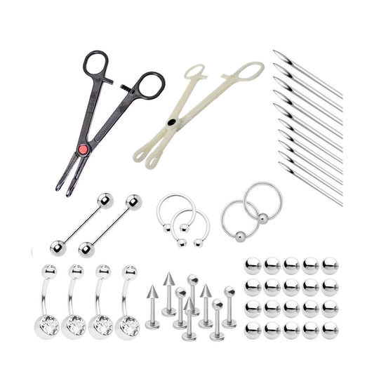 Complete Body Piercing Kit - 50-Piece Assorted Jewelry, Needles and Tools