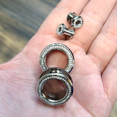 Pair of Screw Fit Ear Gauge Plugs with Clear CZ Gems Surgical Steel