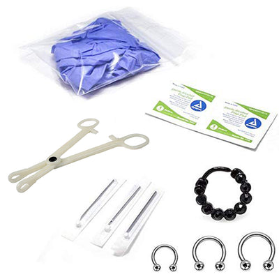 10-Pcs Septum Piercing Kit - Horseshoe Circular, Septum Randomly Picked, Needle, Forceps, Gloves