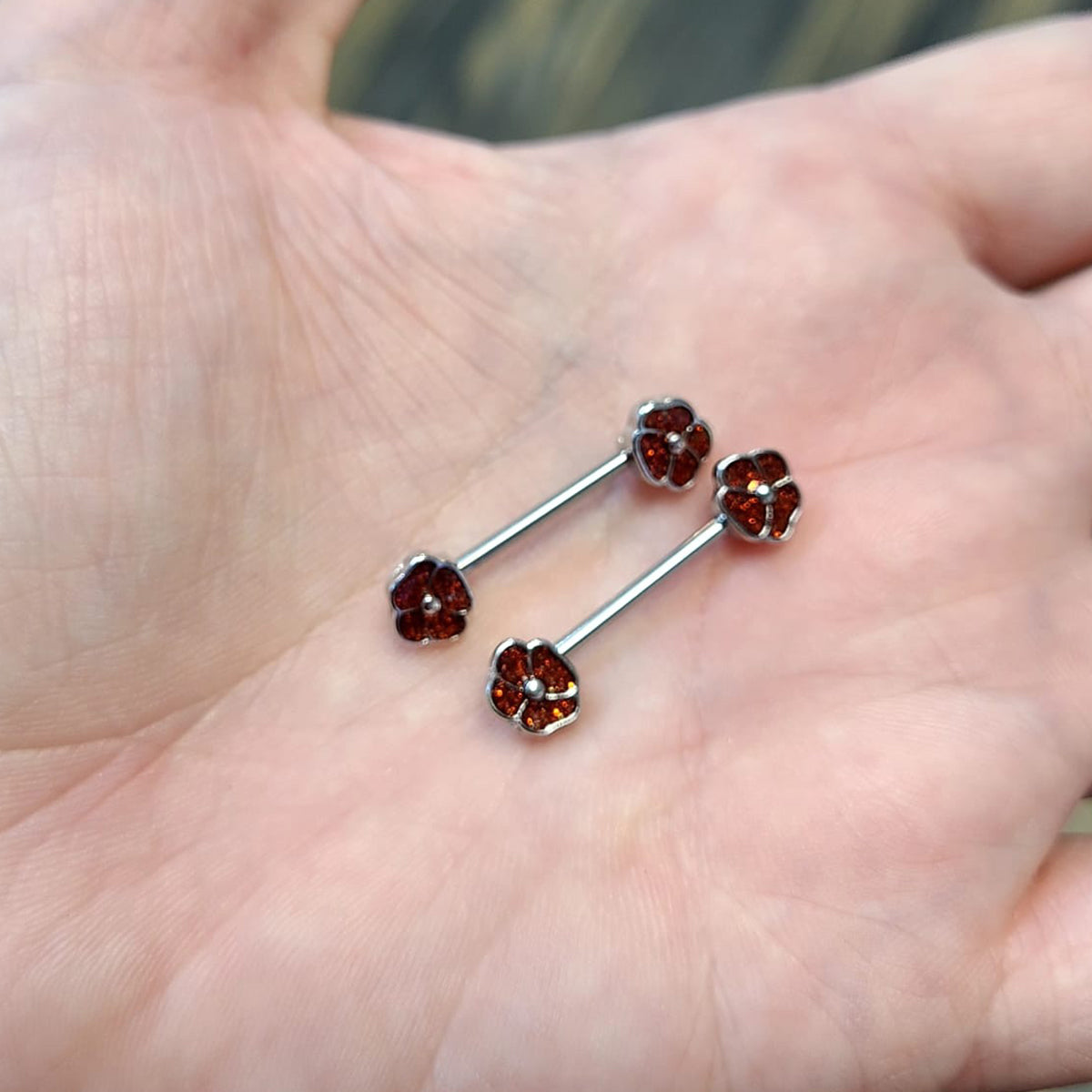 Pair of Nipple Barbells Rings Red Glitter Flower Design Surgical Steel 14 Gauge