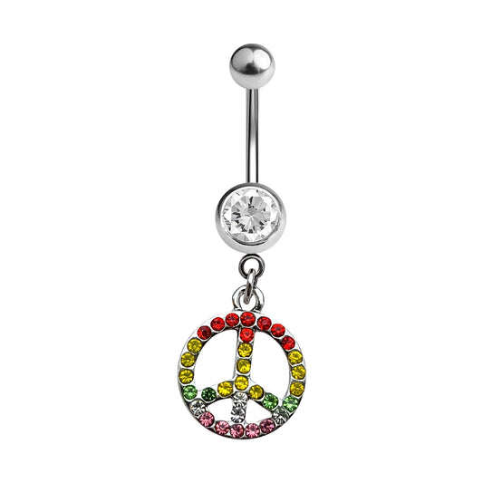 Belly Navel Ring Dangle Rainbow CZ Jewels Peace Sign Surgical Steel 14 Gauge
