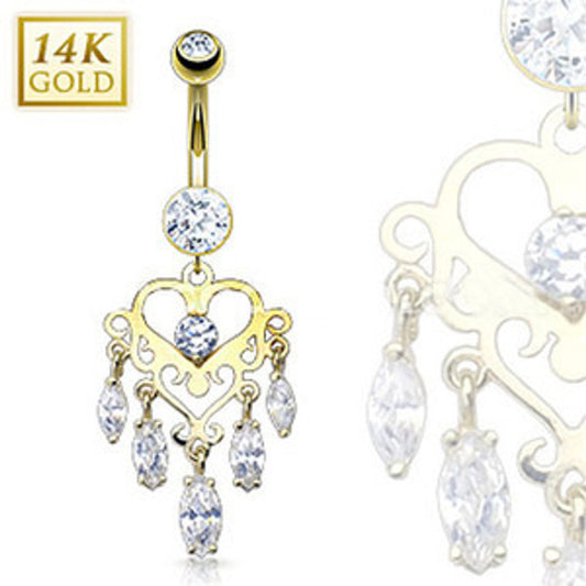 14 Karat Solid Yellow Gold Navel Ring with Marquise CZ Dangle Heart Chandelier