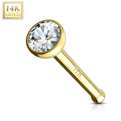 14k Gold Nose Stud with 2mm Press Fit Bezel Set Clear CZ Jewel