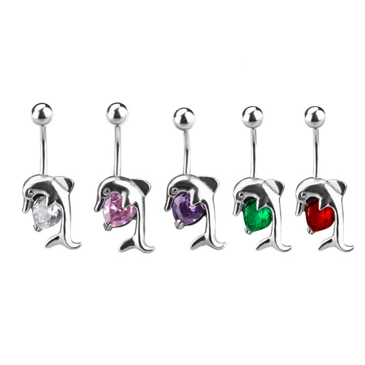 Dolphin Belly Ring with Heart CZ Jewel