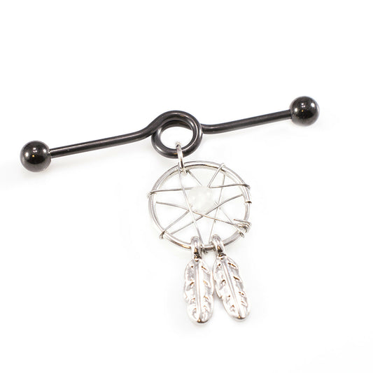 Black Ion-Plated 14G Industrial Barbell w/ Dream Catcher Dangle