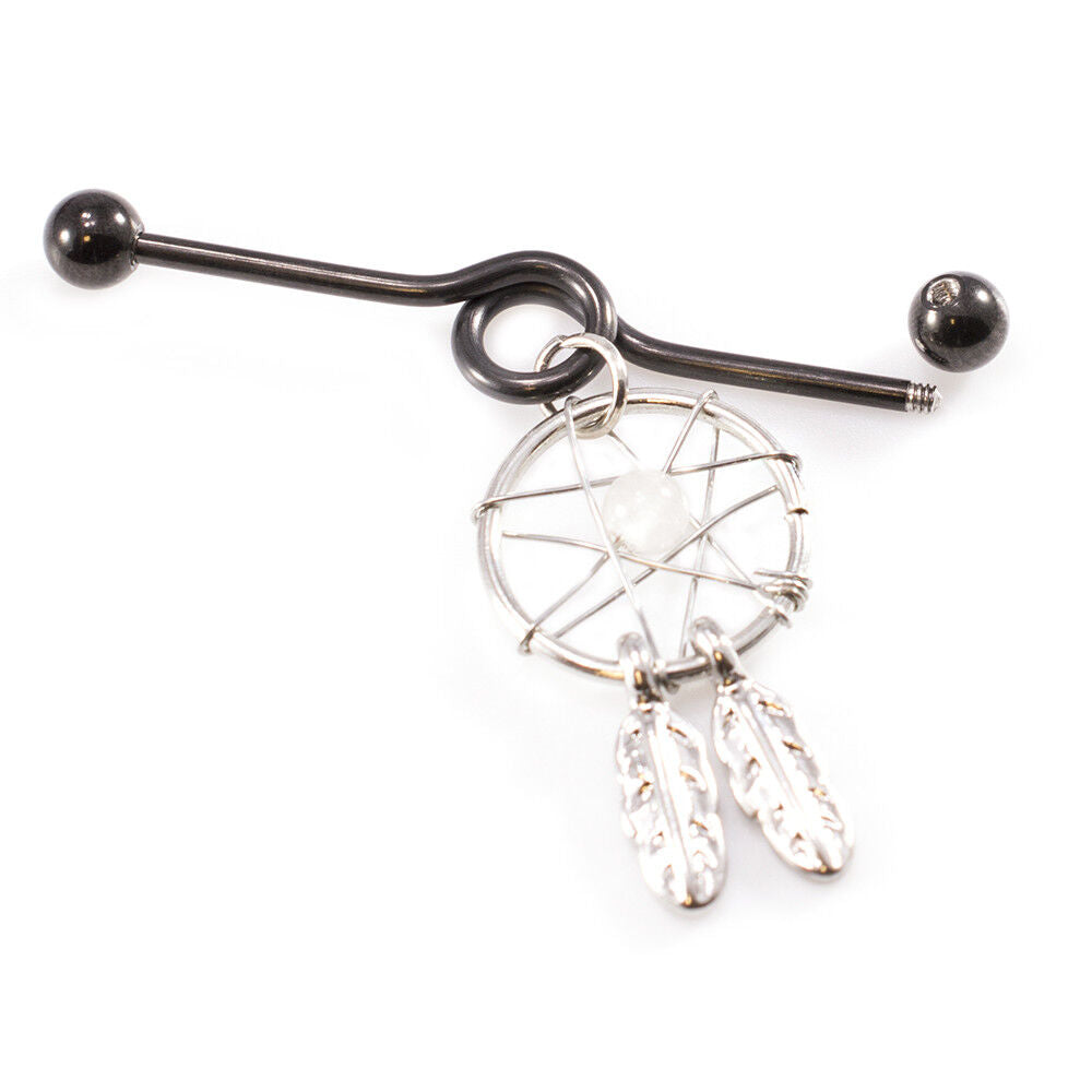Black Ion-Plated 14G Industrial Barbell w/ Dream Catcher Dangle