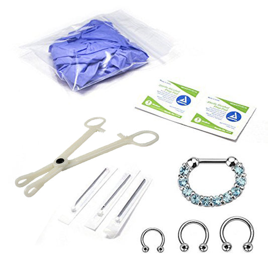 10-Pcs Septum Piercing Kit - Horseshoe Circular, Septum, Needle, Forceps, Gloves
