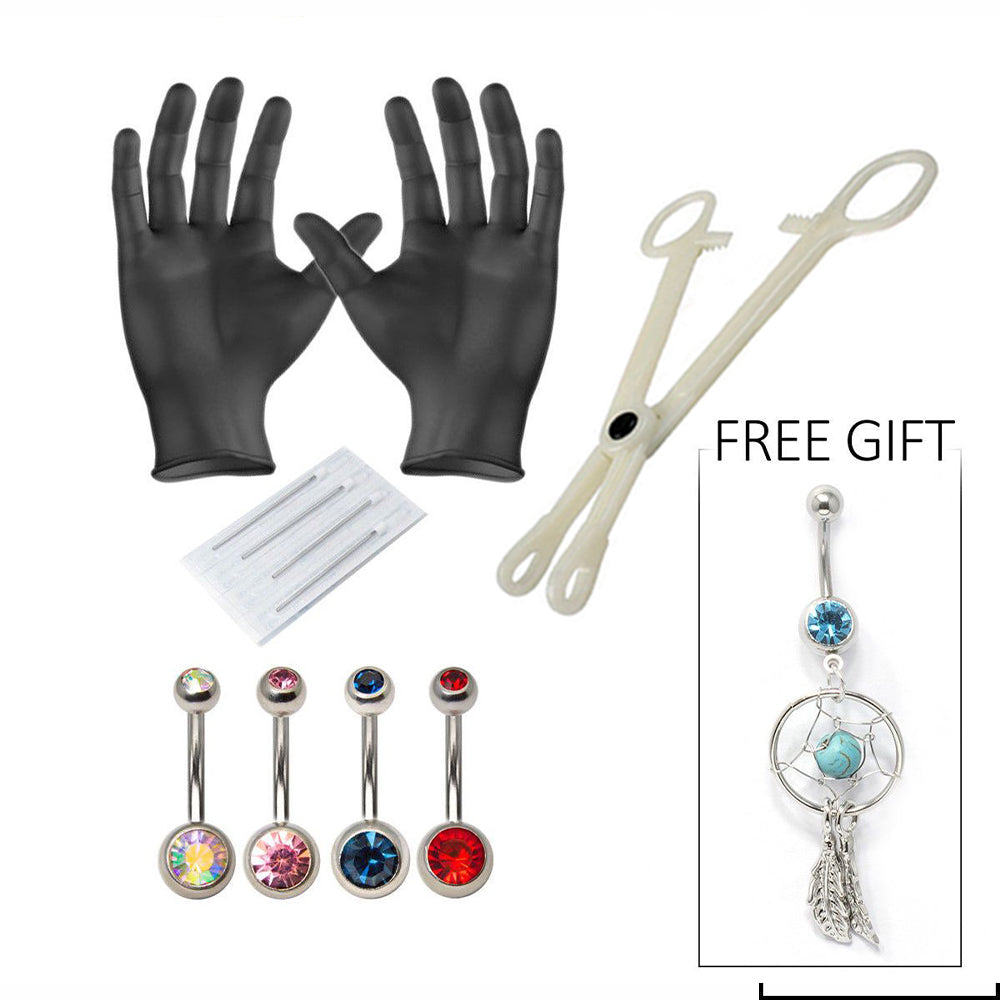 10-Piece Belly Piercing Kit incl. Jewelry, Gloves, Forceps, Needles & FREE GIFT!