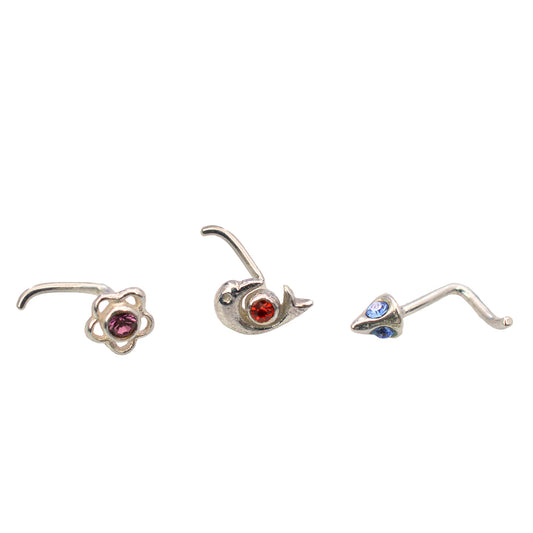 Nose Ring Studs Screw Set of 3 Arrow Flower and Dolphin Design 22g
