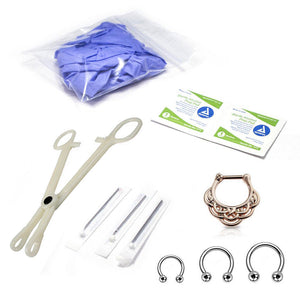 10-Pcs Septum Piercing Kit - Horseshoe Circular, Septum, Needle, Forceps, Gloves