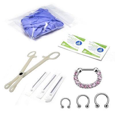 10-Pcs Septum Piercing Kit - Horseshoe Circular, Septum, Needle, Forceps, Gloves