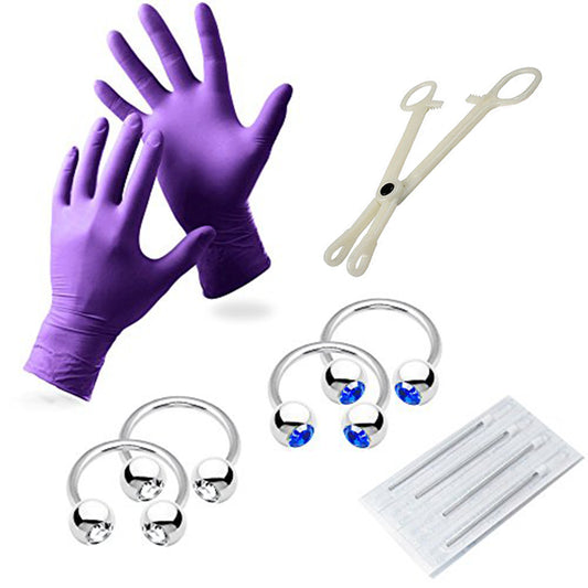 10-Piece 12 Gauge Piercing Kit - Including Gloves, Needles, Tool & Jewelry