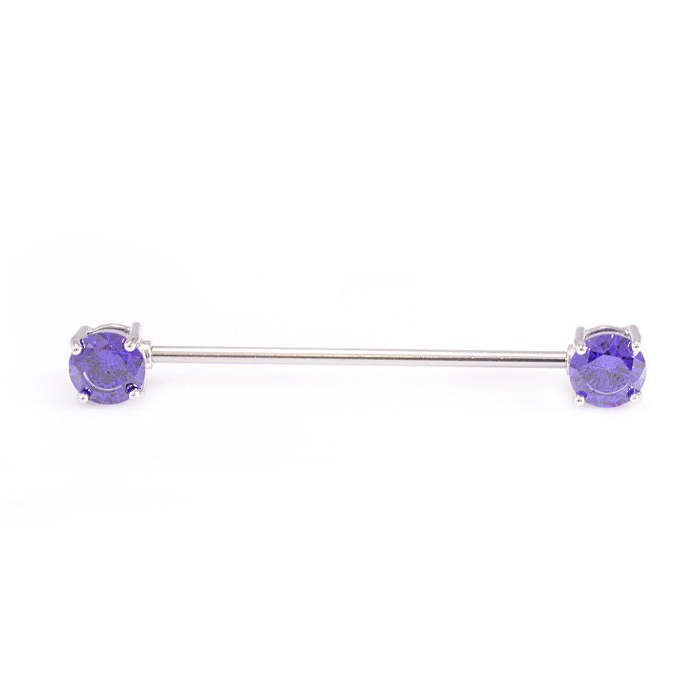 Industrial Barbell with Front Facing Cubic Zirconia Ends . Stainless Steel 14G