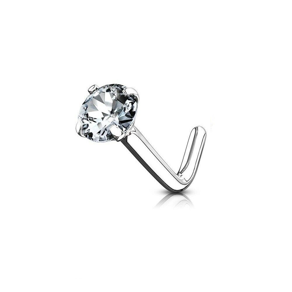 Diamond Nose Ring 14kt White Gold 20ga or 18ga Choose L-Shape Nose Bone or Screw