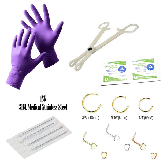 14-Piece Nose Piercing Kit - 6 Nose Piercing Jewelry, Gloves, Needles + More
