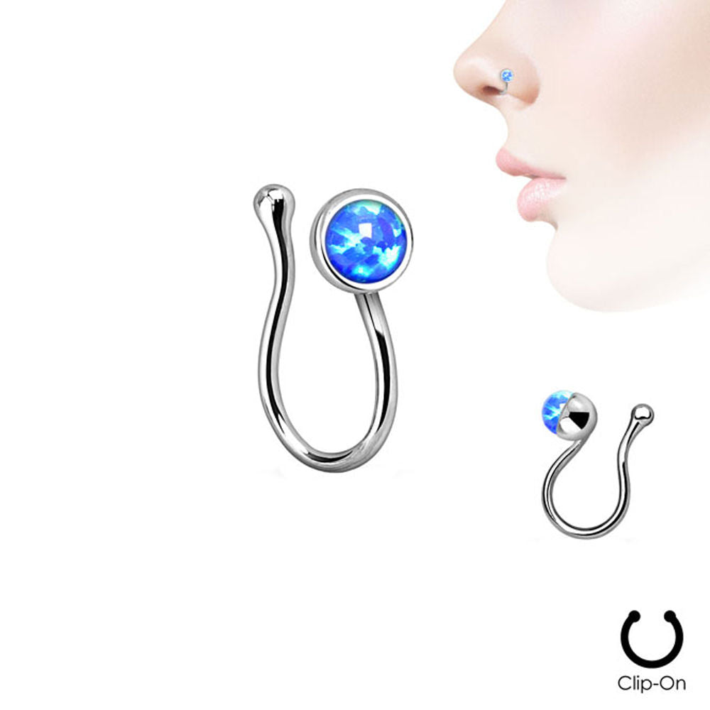 Fake Non-Piercing Nose Clip - Rhodium Plated with Bezel-Set Opalite - Sold Each