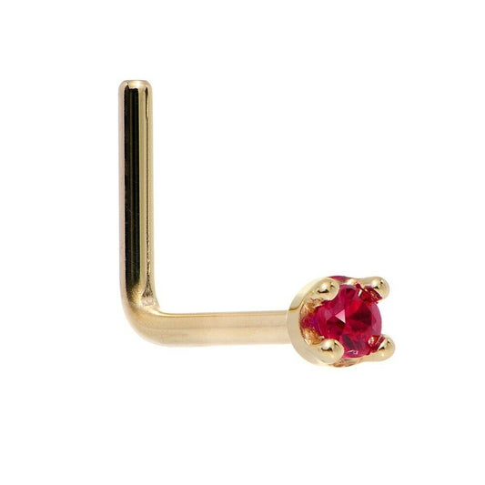 Nose Ring L-Shape 9Kt Solid Yellow Gold with Prong Set Circular Red CZ  20ga