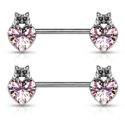 Pair of Nipple Barbell Rings Cat with Black Crystal Eyes over Heart Design 14g