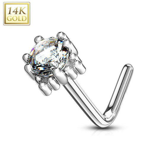Nose Ring L-Bend with Prong Set CZ Centered Four Point Star 14Kt Solid Gold 20g