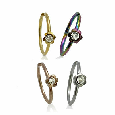 Nose Hoop Rings Bendable Surgical Steel with CZ  Flower Design 20 Gauge-2pc