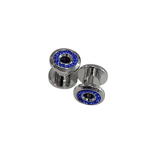 Pair of Screw Fit Surgical Steel Flare Tunnels with Press Fit Blue CZ Jewels