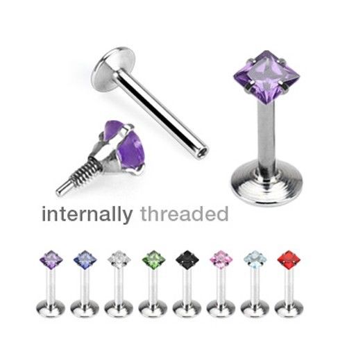 Internally Threaded Surgical Steel 16G 5/16 Labret with Prong Set Square Cut Gem
