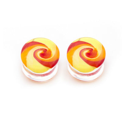 Pair of Ear Plugs Colorful Yellow and Orange abstract design Made of Glass Doubl