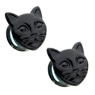 Pair of Double Flare Black Cat Head Design Ear Plugs Made of Glass