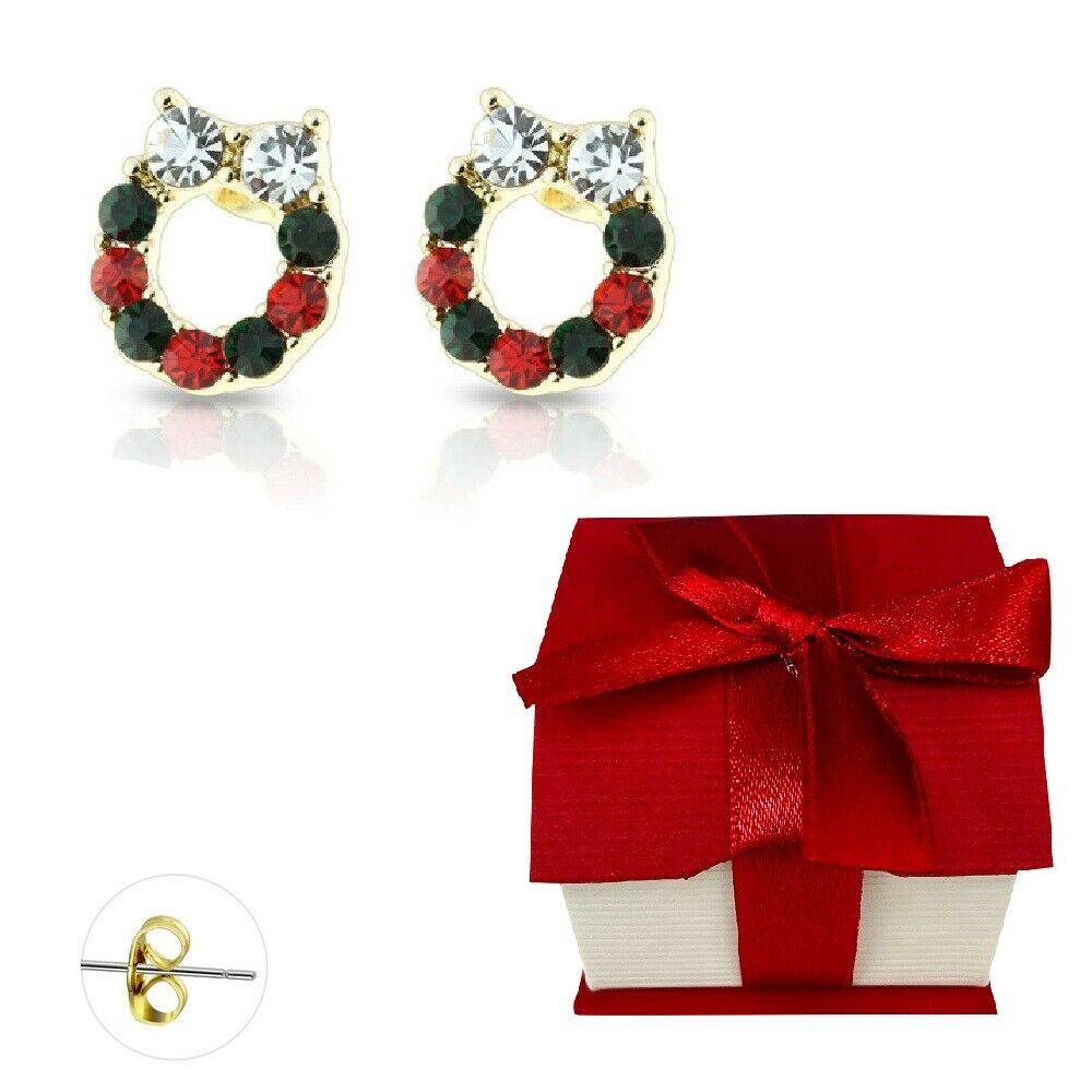 Holiday Earrings Studs Gold Plated Gem Paved Christmas Wreath Gift Box Included