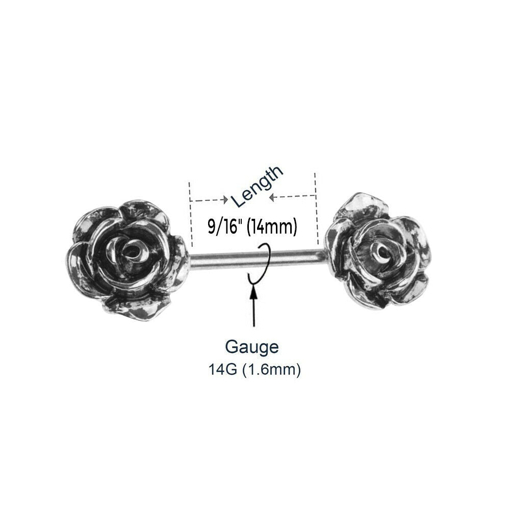 Pair Of Double Rose Flower Nipple Barbell Ring 14 Gauge