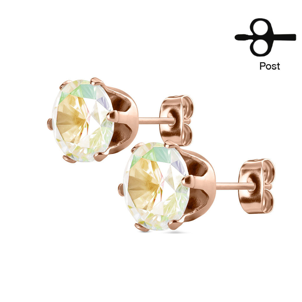 Stud Earring with Round CZ Rose Gold IP Over 316L Stainless Steel -1Pair