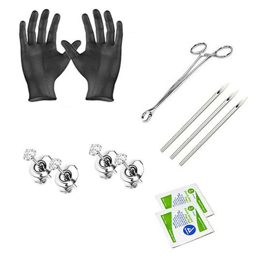 Ear Piercing Cz Kit Titanium Earrings 2 Pairs Included Needles Clamps Gloves