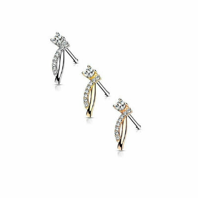 Nose Stud Ring Round CZ and Crawling Lined CZ Curves Surgical Steel 20ga