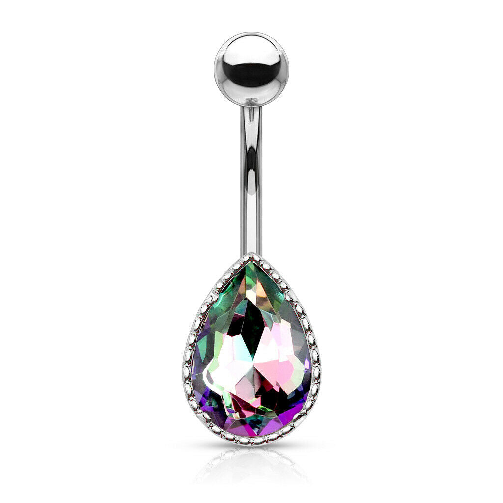 Belly Button Ring with AB Effect Tear Drop Glass Stone 14ga Surgical Steel
