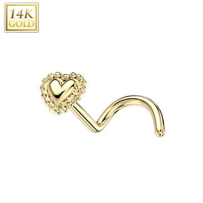 Nose Screw Rings With Beaded Edge Heart Top 14K solid gold 20G nose piercings
